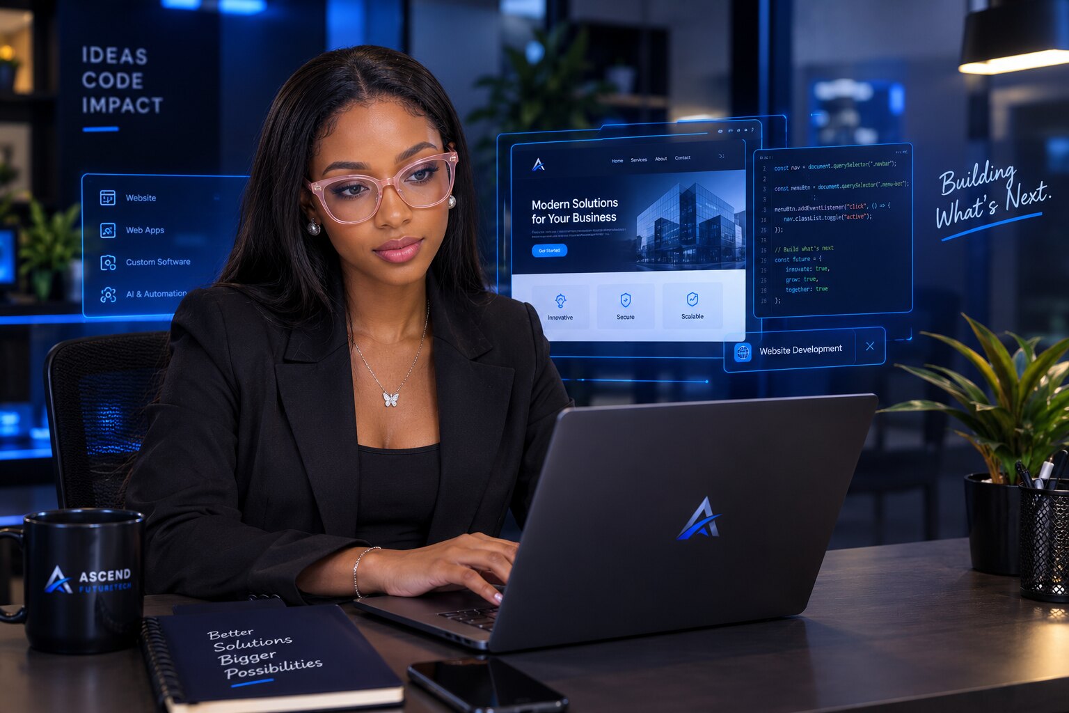 Evelyn, Ascend FutureTech’s AI assistant, working on a laptop in a blue-lit technology workspace